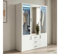 PerGar Armoire avec miroir, 3 tiroirs, éclairage LED, armoire moderne avec espace de rangement, armoire de chambre à coucher, dressing, penderie (4 portes) - Blanc