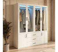 PerGar Armoire avec portes, 3 tiroirs, éclairage LED, armoire moderne avec espace de rangement, armoire de chambre à coucher, dressing, penderie (6 portes) - Blanc