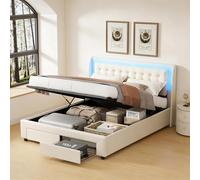 PerGar Lit capitonné, 140 x 190 cm, avec coffre de lit, hydraulique, LED, lit double avec espace de rangement, 2 tiroirs, cadre de lit avec sommier à lattes, sans matelas, velours, crème