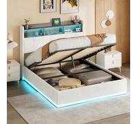 PerGar Lit capitonné, 140 x 190 cm, avec espace de rangement, hydraulique, LED, avec coffre de lit, avec espace de rangement, tête de lit, lit double, sans matelas, en velours, blanc
