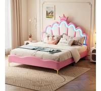 PerGar Lit capitonné 140 x 200 cm avec éclairage LED, lit de princesse pour fille en cuir PU, lit d'enfant avec motif couronne et aspect nuage sur la tête de lit, hauteur réglable, stable, rose