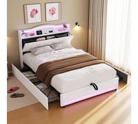PerGar Lit capitonné 140 x 200 cm avec espace de rangement, LED, lit double avec USB et espace de rangement, tête de lit, lit avec 4 tiroirs, espace de rangement, cadre de lit pour adolescent, avec