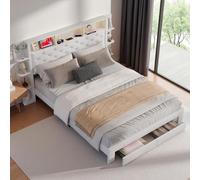 PerGar Lit capitonné 140 x 200 cm avec Espace de Rangement, tête de lit LED et USB, lit Double, avec 2 tiroirs, lit pour Adolescent, avec sommier à Lattes, pour Chambre, sans Matelas, Velours, Blanc