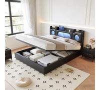 PerGar Lit capitonné, 140 x 200 cm, avec tête de lit LED, coffre de rangement hydraulique, tête de lit, pour adolescent, lit double avec USB et sommier à lattes, sans matelas, en polyuréthane, noir