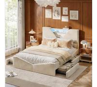 PerGar Lit capitonné 160 x 200 cm avec espace de rangement, 4 tiroirs, LED, tête de lit, lit fonctionnel, lit double, cadre de lit avec sommier à lattes, sans matelas, en velours, beige