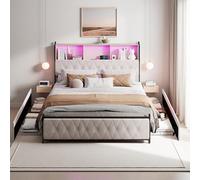 PerGar Lit capitonné, 180 x 200 cm, LED, avec espace de rangement et sommier à lattes, espace de rangement avec 4 tiroirs, lits fonctionnels, dossier, cadre de lit, pour adolescent, sans matelas, en