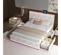 PerGar Lit double 140 x 190 cm avec espace de rangement, avec 4 tiroirs, LED, tête de lit avec USB, sommier à lattes, sans matelas, en velours, blanc cassé