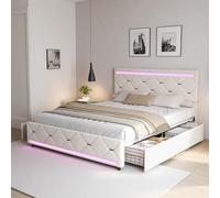 PerGar Lit double 140 x 200 cm avec espace de rangement, avec 4 tiroirs, LED, tête de lit avec USB, sommier à lattes, sans matelas, en velours, blanc cassé
