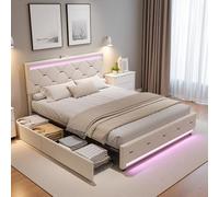 PerGar Lit double 160 x 200 cm avec espace de rangement, avec 4 tiroirs, LED, tête de lit avec USB, sommier à lattes, sans matelas, en velours, blanc cassé