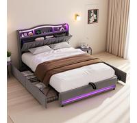 PerGar Lit double capitonné 160 x 200 cm avec espace de rangement, LED, avec USB et espace de rangement, tête de lit, lit avec 4 tiroirs, espace de rangement, cadre de lit pour adolescent, avec