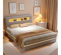 PerGar Lit double capitonné hydraulique avec LED, tête de lit avec compartiment de rangement, cadre de lit pour adolescent avec espace de rangement, lit fonctionnel, coffre de lit, sans matelas, en