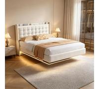 PerGar Lit double rembourré, 140 x 200 cm, avec éclairage LED et USB, cadre de lit double, moderne, avec sommier à lattes, effet visuel flottant, en velours, sans matelas, blanc, 160 x 200 cm
