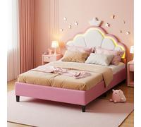 PerGar Lit Enfant Fille 90x200, Lit Princesse, avec Tête de Réglable LED, Simple Rembourré, Princesse en Forme de Couronne, pour Adolescent, sans Matelas, Rose