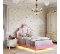 PerGar Lit Enfants 90 x 200 cm, lit Enfant Fille avec éclairage LED, Princesse, tête de lit réglable, avec sommier à Lattes, pour Fille Adolescent, PU, sans Matelas, Rose