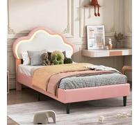 PerGar Lit Enfants 90 x 200 cm, lit Princesse, avec éclairage LED, 1 Personnes pour Fille Adolescent, vec sommier à Lattes en Bois, sans Matelas, PU, Rose