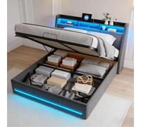 PerGar Lit hydraulique 140 x 200 cm avec coffre de lit, tête de lit d'étagère avec espace de rangement, lit double, lit coffre de rangement, lit adolescent, sommier à lattes, sans matelas, lin, gris