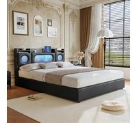 PerGar Lit rembourré, 160 x 200 cm, avec tête de lit LED, coffre hydraulique, avec espace de rangement, tête de lit, lit double, avec USB et sommier à lattes, sans matelas, en polyuréthane, noir