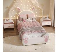 PerGar Lit rembourré 90 x 200 cm, LED, avec espace de rangement, tête de lit en oreilles de lapin, cadre de lit pour fille, sommier à lattes, en velours, sans matelas, beige
