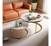 PerGar Lot de 2 Tables d'appoint Rondes, Table Basse Gigogne Ronde, Table Basses Blanche avec Cadre doré, Table Basse, Grande : 80 x 45 cm ; Petite : 60 x 33 cm, Blanc et Or