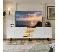 PerGar Meuble TV bas avec LED, meuble TV bas avec 4 portes, meuble de rangement ouvert, buffet moderne, pour salon, salle à manger, chambre à coucher, blanc, 220 x 34,5 x 67,7 cm