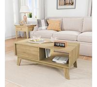 PerGar Table basse en chêne avec porte coulissante, design rainuré, table de salon