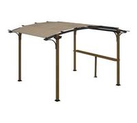 Pergola avec comptoir toit arche alu acier aspect bois noir toile grège Marron