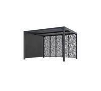 Pergola bioclimatique aluminium avec rideau manuel gris 3 m et panneaux moucharabieh gris 3,60 m HABRITA
