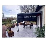 Pergola bioclimatique ALUMINIUM avec rideaux manuels coloris gris 3x3,60 m HABRITA