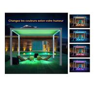 Pergola bioclimatique avec éclairage et rideaux brise vue