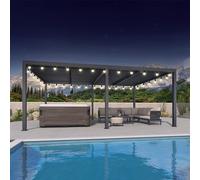 Pergola bioclimatique avec guirlande lumineuse extérieure 6 x 3,68 m en aluminium réglable à persiennes - Auvent de jardin - 22,08 m² - Gris