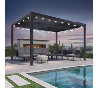 Pergola bioclimatique avec guirlande lumineuse LED 4 x 3,3 m - Lattes réglables en aluminium - 13,2 m² - Auvent de jardin ou de terrasse - Gris - Parfait pour les espaces extérieurs