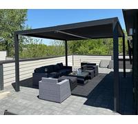 Pergola bioclimatique avec guirlandes lumineuses à DEL de 4,24 x 3,68 m, persiennes réglables en aluminium, auvent de jardin de 15,6 m², auvent de terrasse gris pour un usage extérieur élégant