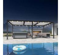 Pergola bioclimatique d'extérieur en aluminium avec lattes réglables et guirlande lumineuse 6,35 x 3,5 m, cadre gris, poteaux blancs, parfaite pour les solutions d'ombrage de jardin et de terrasse