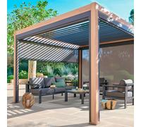 Pergola bioclimatique manuelle EVORA Effet bois Honey 4 x 3 m - Structure et lames doubles en aluminium Hespéride