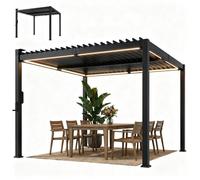Outsunny Pergola bioclimatique 3x3m avec lumières LED solaires, pergola à Lames orientables, Toit métallique, gouttières, manivelle, tonnelle de Jardin abri terrasse, Protection Soleil, Noir