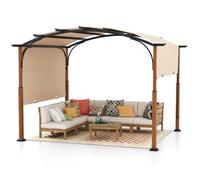 Pergola de Jardin 3 x 6 x 2,6M COSTWAY-Auvent Rétractable en Tissu Polyester-Structure Métalliques-à Arcs-Poteaux Aspect Bois-Beige