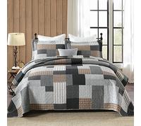 PERHOM Couvre-lit 3 pièces pour très Grand lit - 100% Coton léger - Motif écossais Gris Marron Noir Blanc Patchwork Doux réversible pour Toutes Les Saisons