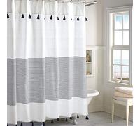 Peri Home Rideau de Douche 100% Coton avec Pompons pour décoration de Salle de Bain, Style bohème et Rustique à Rayures Panama, 183 x 183 cm, Bleu Marine