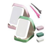 Periodicali Makeup Mirror, Travel Makeup Mirror with Storage, Portable Foldable Travel Makeup Case with LED Mirror, Multi-Compartment Cosmetic Organizer Storage Box (Pink, Green)