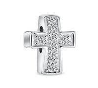 Perle Charm Croix Pavée CZ Claire Religieuse Spirituelle Étincelante Simple Pour Femmes Adolescents Communion Mariages En Argent Sterling .925 Convient Au Bracelet Européen