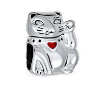 Perle De Charme Chaton Chanceux Maneki Neko Porte-Bonheur Cœur Rouge Japonais Pour Femmes Adolescentes En Argent Sterling Oxydé .925 S'Adapte Au Bracelet Européen