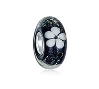 Perle De Charme D'Espacement De Fleur Noire Et Blanche Translucide Qui Convient Au Bracelet Européen Pour Femmes Adolescentes En Verre De Murano. Noyau En Argent Sterling .925