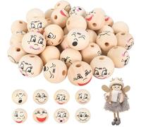 Perle en Bois avec Visage Sourire, 40pcs Perles Bois avec Visage Ange, Perles en Bois Nature, Perle en Bois Visage 20mm Pour Bracelets, Colliers, Bricolage, DIY Travaux