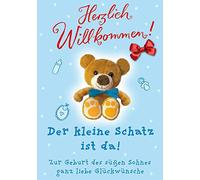 Perleberg Carte de naissance avec motif en peluche - Collection Basic Classic - Carte de naissance de qualité supérieure pour garçon - Cadeau de naissance avec enveloppe assortie - 11,6 x 16,6 cm