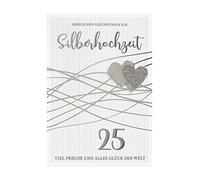 Perleberg - Cartes de noces d'argent uniques avec motif cœur - Élégante carte de noces d'argent avec enveloppe argentée - 11,6 x 16,6 cm