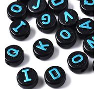 PERLES ACRYLIQUES : 100 rondes noires lettres bleues 10mm