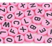 PERLES ACRYLIQUES : 100 rondes roses avec lettres noires 7mm