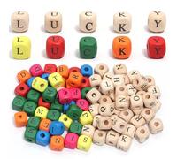 Perles alphabet en bois, 200 pièces, cubes en bois naturel, mélange aléatoire de perles alphabet à gros trous 10 x 10 mm, pour la fabrication de bracelets, colliers, boucles d'oreilles