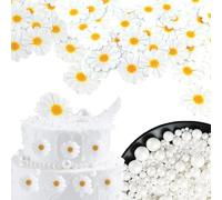 Perles Comestibles Blanc + Décoration de Gateau Marguerite,Décoration Gâteau Fleurs Comestibles,Perles Sucre Nacrées Déco Alimentaire pour Pâtisseries - Anniversaire,Mariage