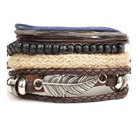 Perles en Bois Multicouche de Plumes de Plumes en Alliage d'Ange Bracelets avec Cordon de Cire Perlin